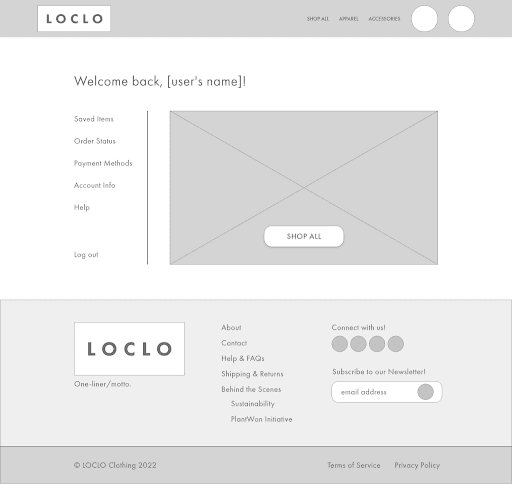 Digital Low-Fidelity Wireframe of Account Page on Website