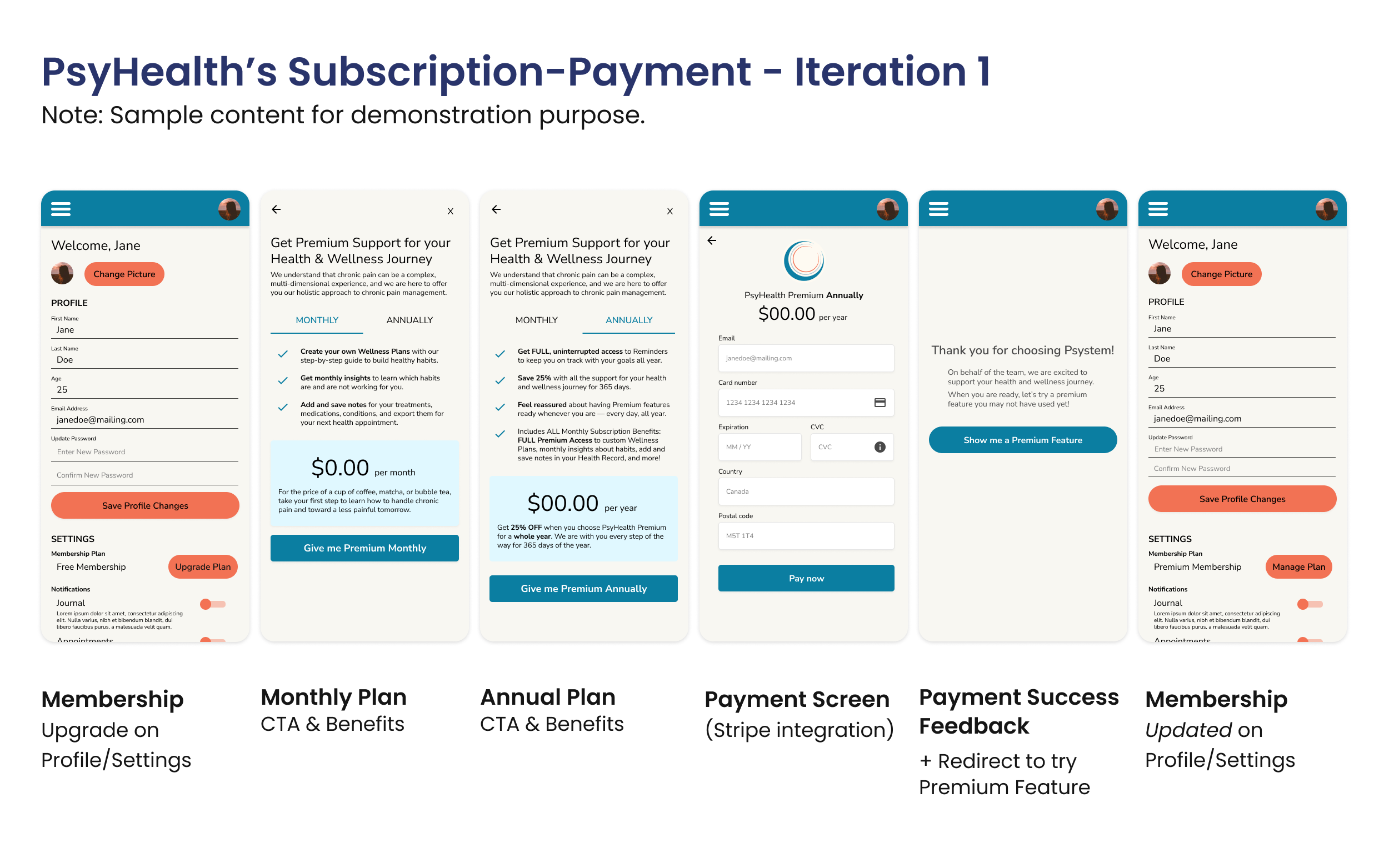 The first iteration of PsyHealth's Subscription-Payment screens.