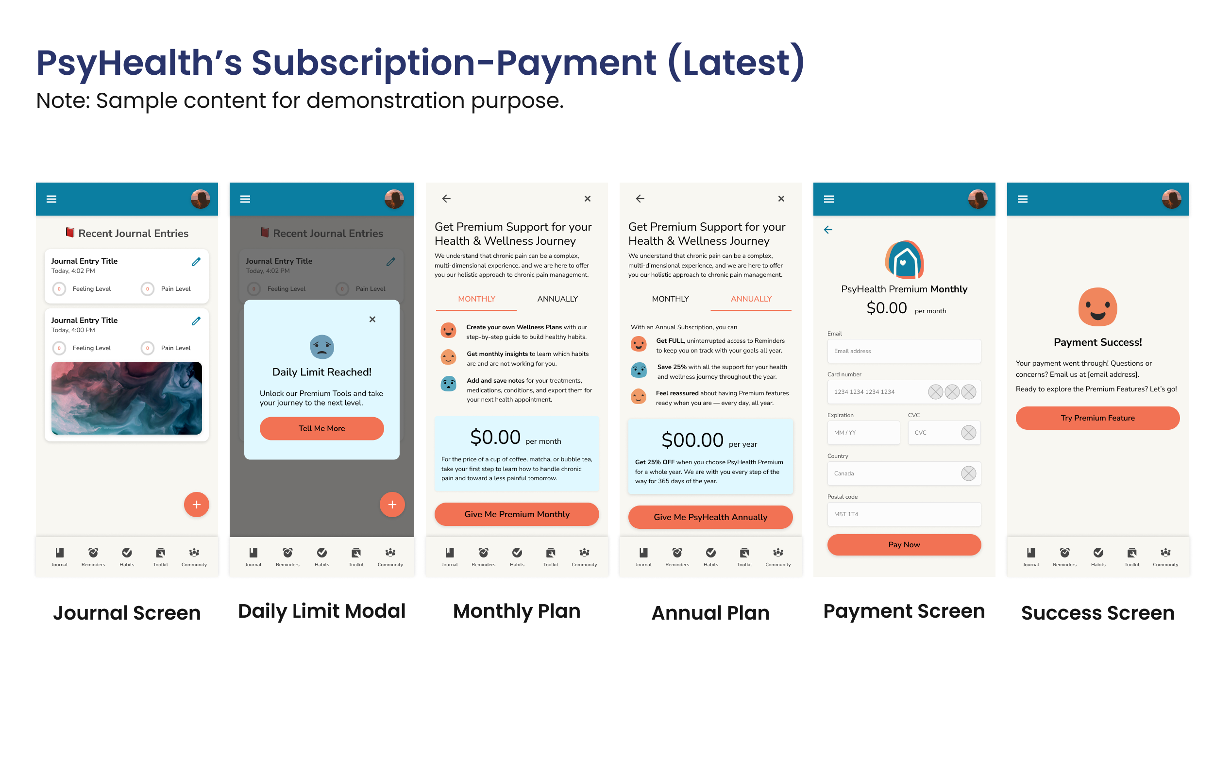 The latest iteration of PsyHealth's Subscription-Payment screens with more emoticons and intentional use of colours.