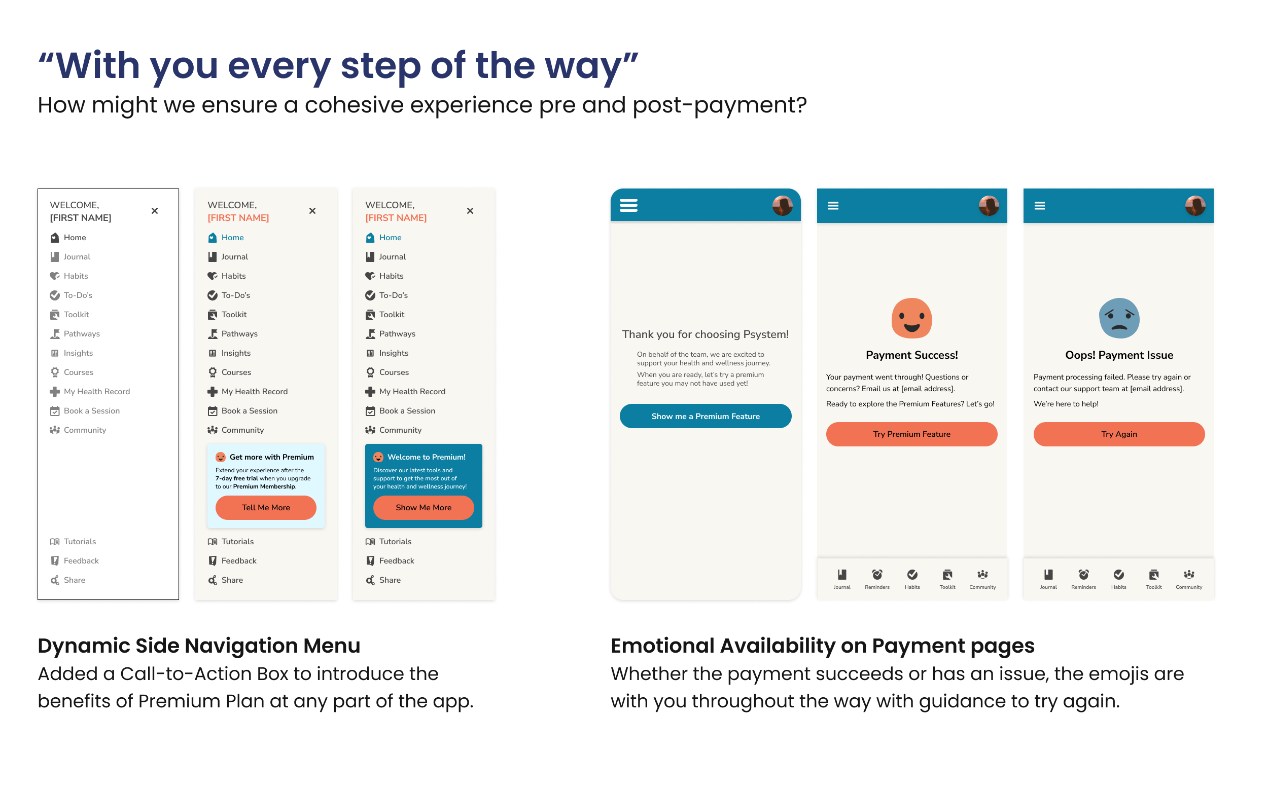 Three iterations of the Side Navigation Menu bar and Payment Success and Error screens