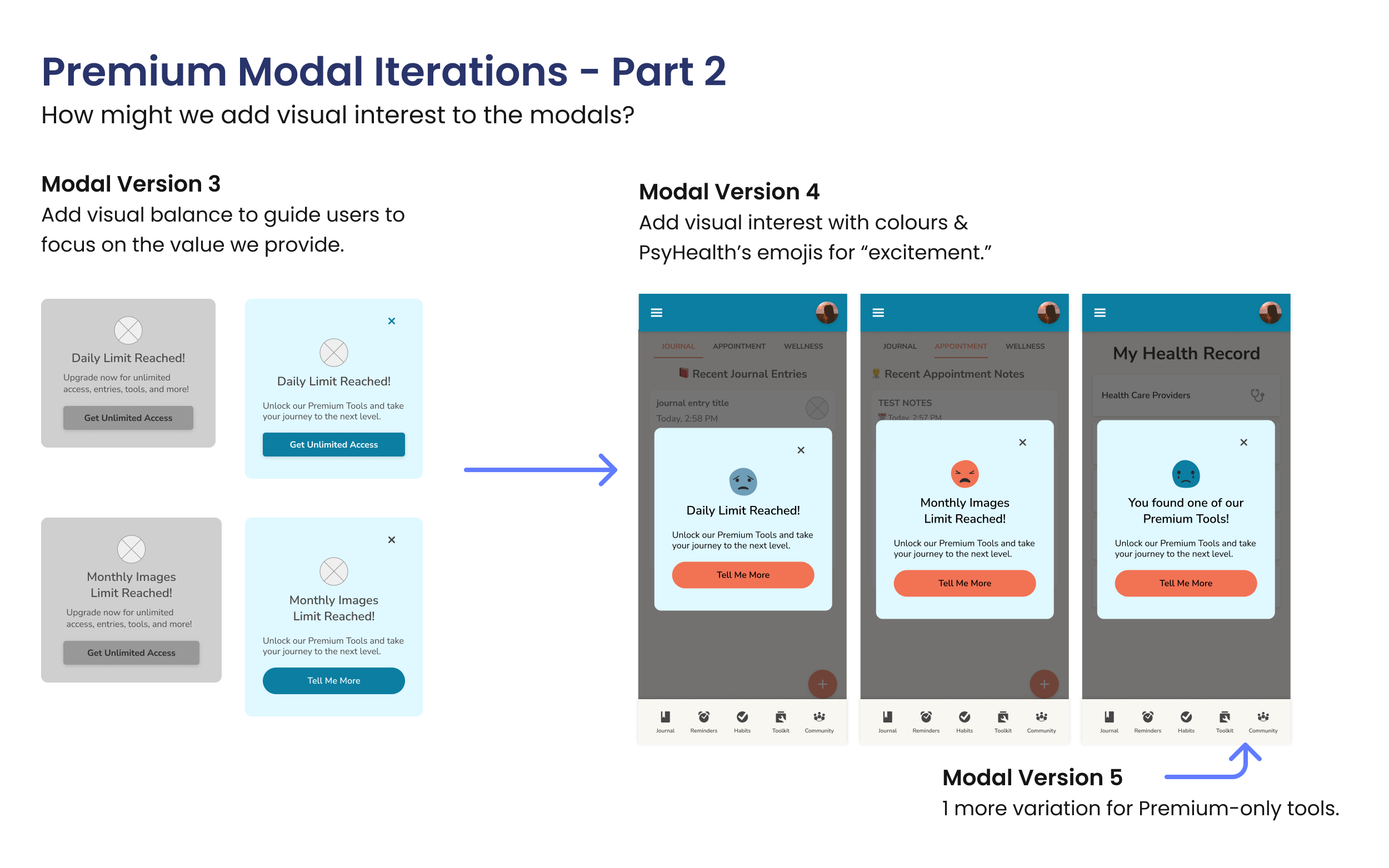 Modal iterations from greyscale wireframes to coloured mockups