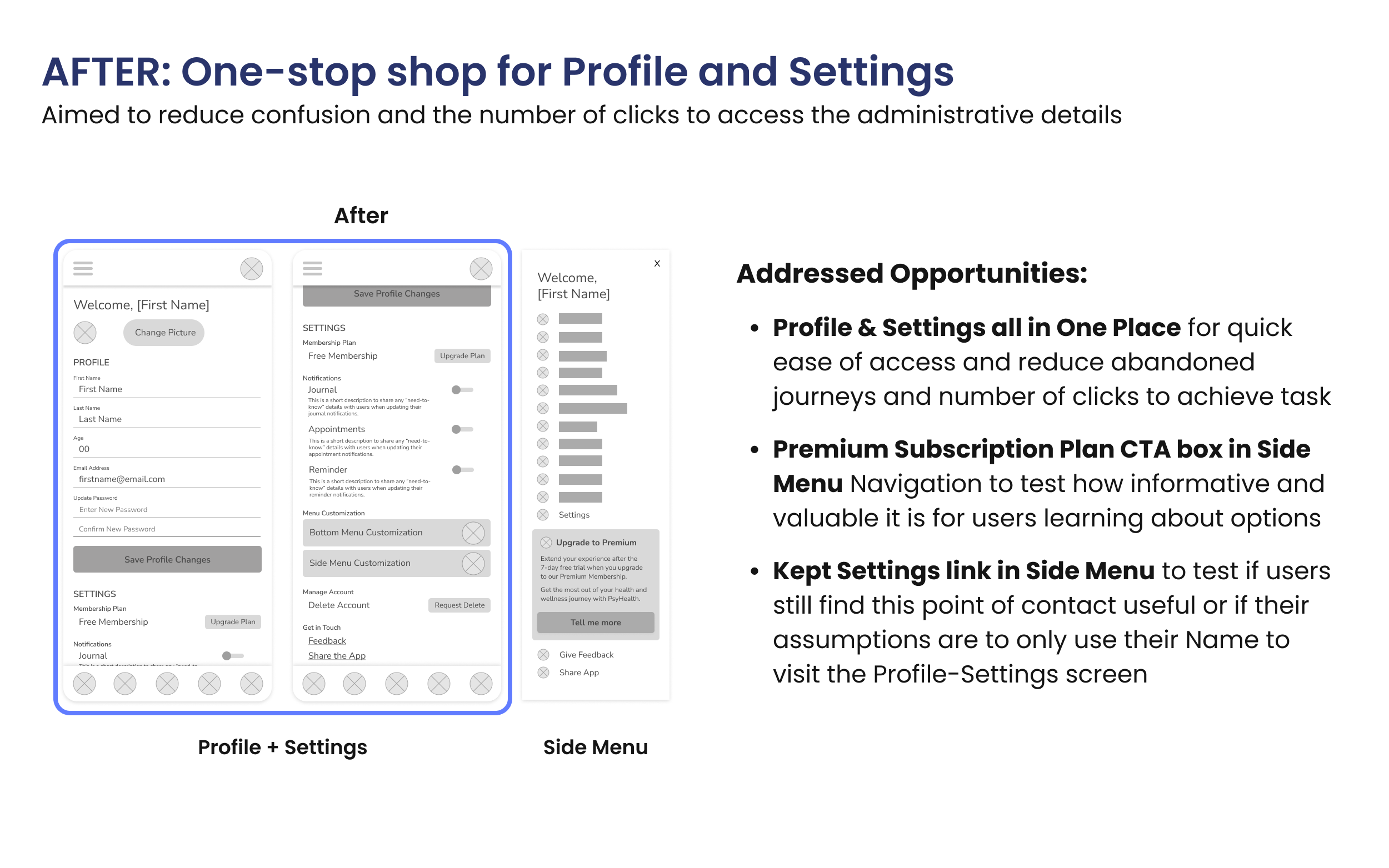 The After wireframes, displaying the final low-fidelity screen combining the Profile and Settings sections with a Call-to-action box added to the Side Menu Navigation