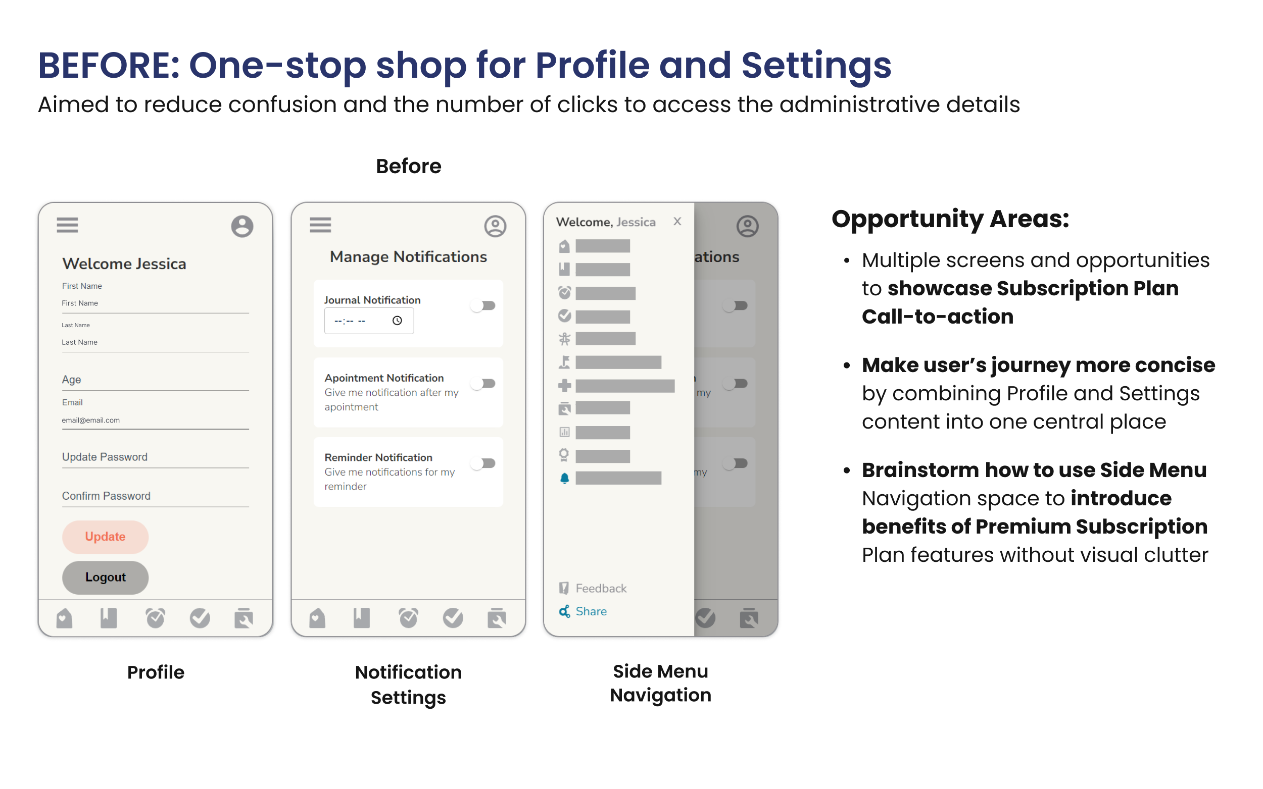 The Before wireframes, displaying the final low-fidelity screen combining the Profile and Settings sections with a Call-to-action box added to the Side Menu Navigation