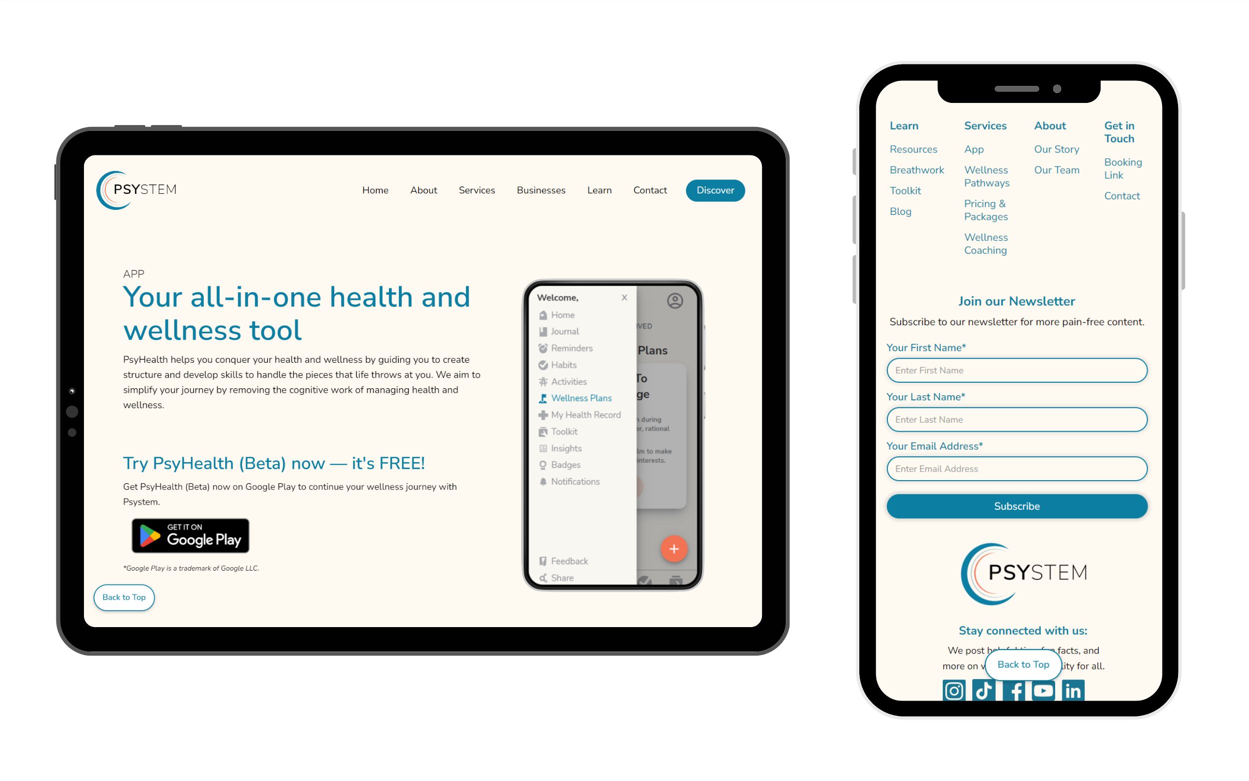 A tablet screen of the PsyHealth App page's hero section is placed on the left of a mobile screen of global footer navigation