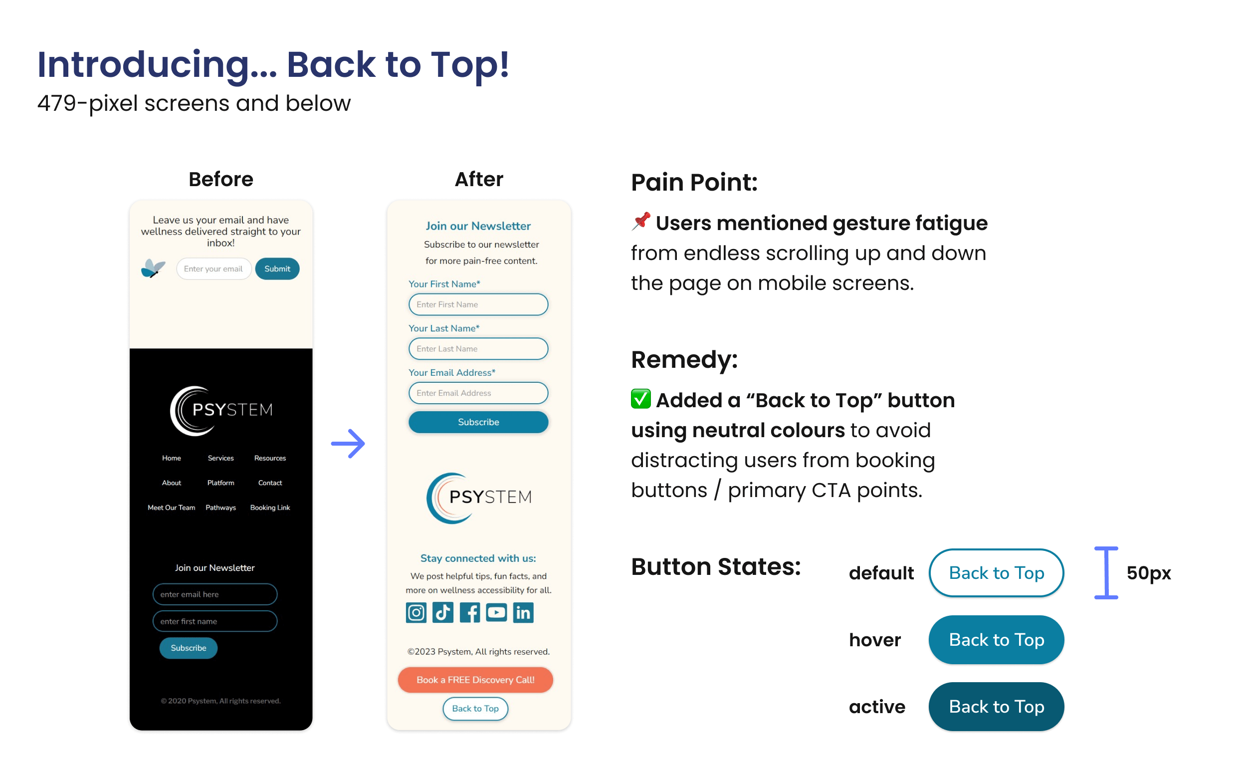 Mobile screens of Psystem's website with and without a Back to Top button shortcut