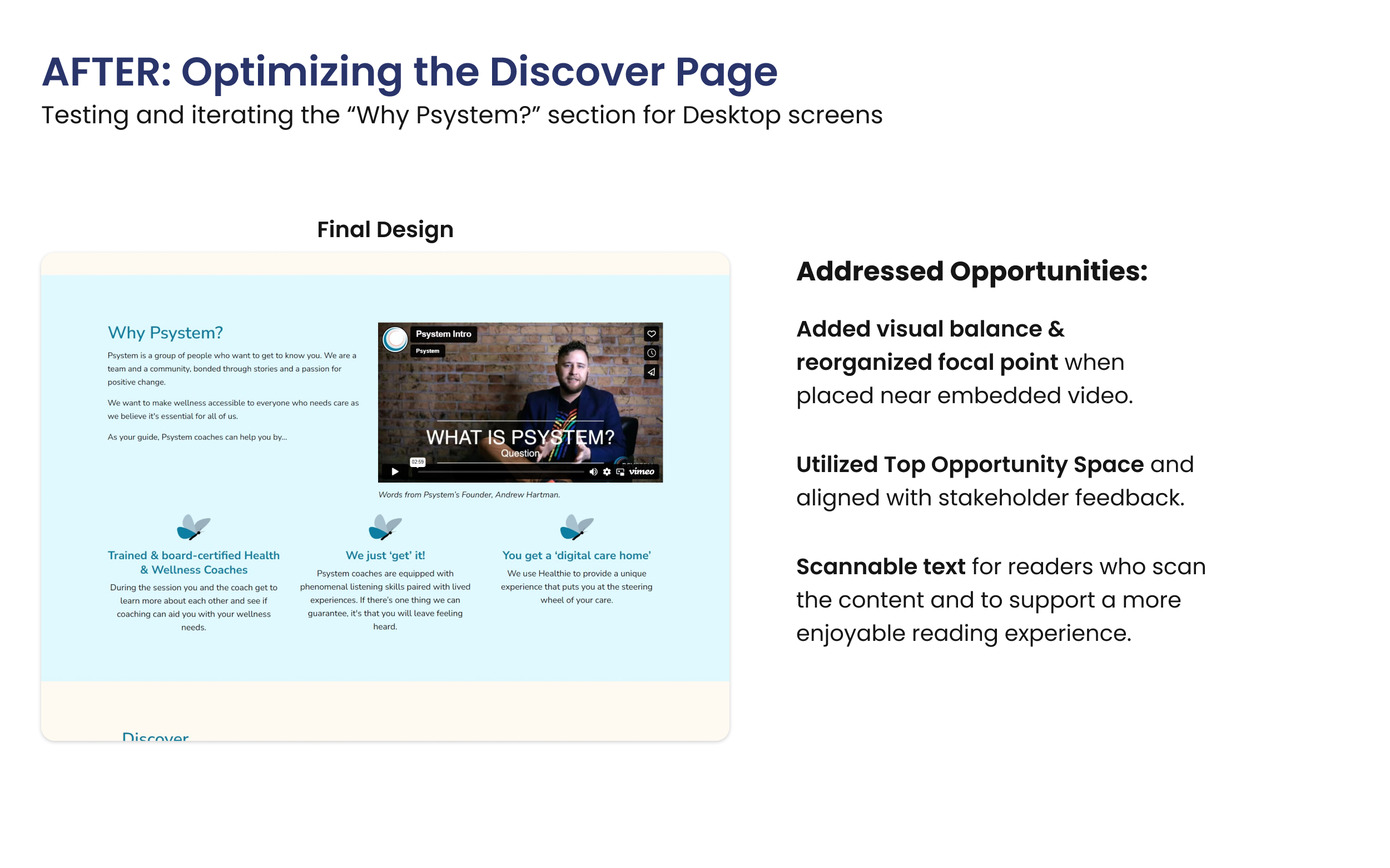 Final layout for the Why Psystem section on the Discover Page, making use of the negative space intentionally