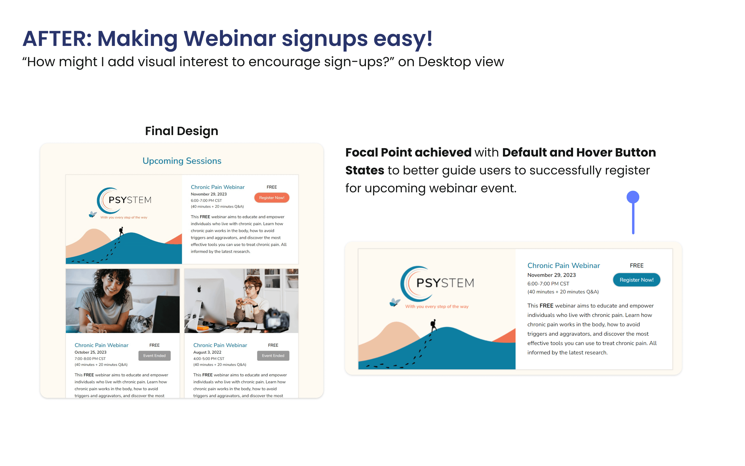 Mockup of the Upcoming Sessions section of the Webinar page, showcasing two button states
