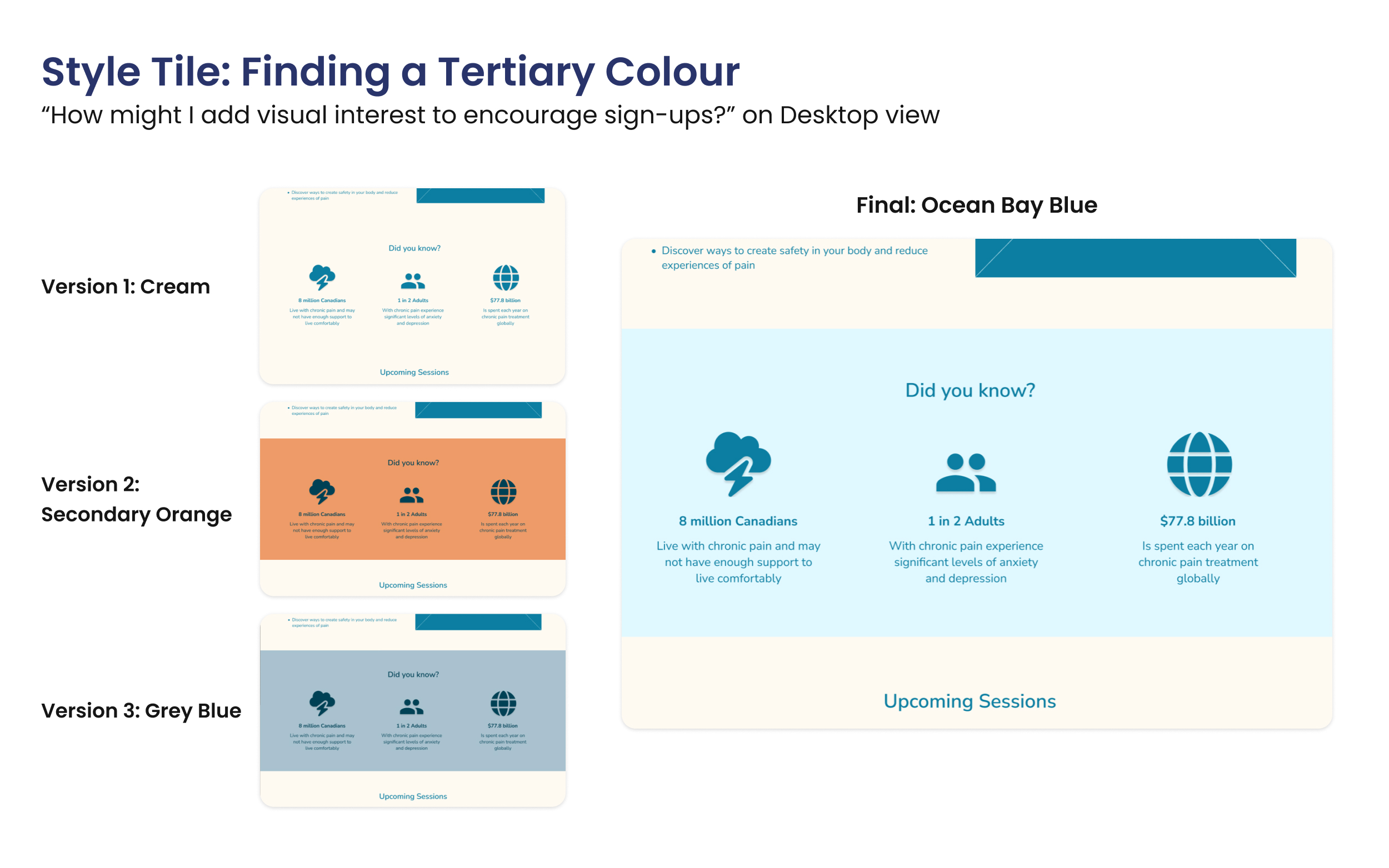 Three variations of background colour changes next to a larger mockup of the chosen blue tertiary colour