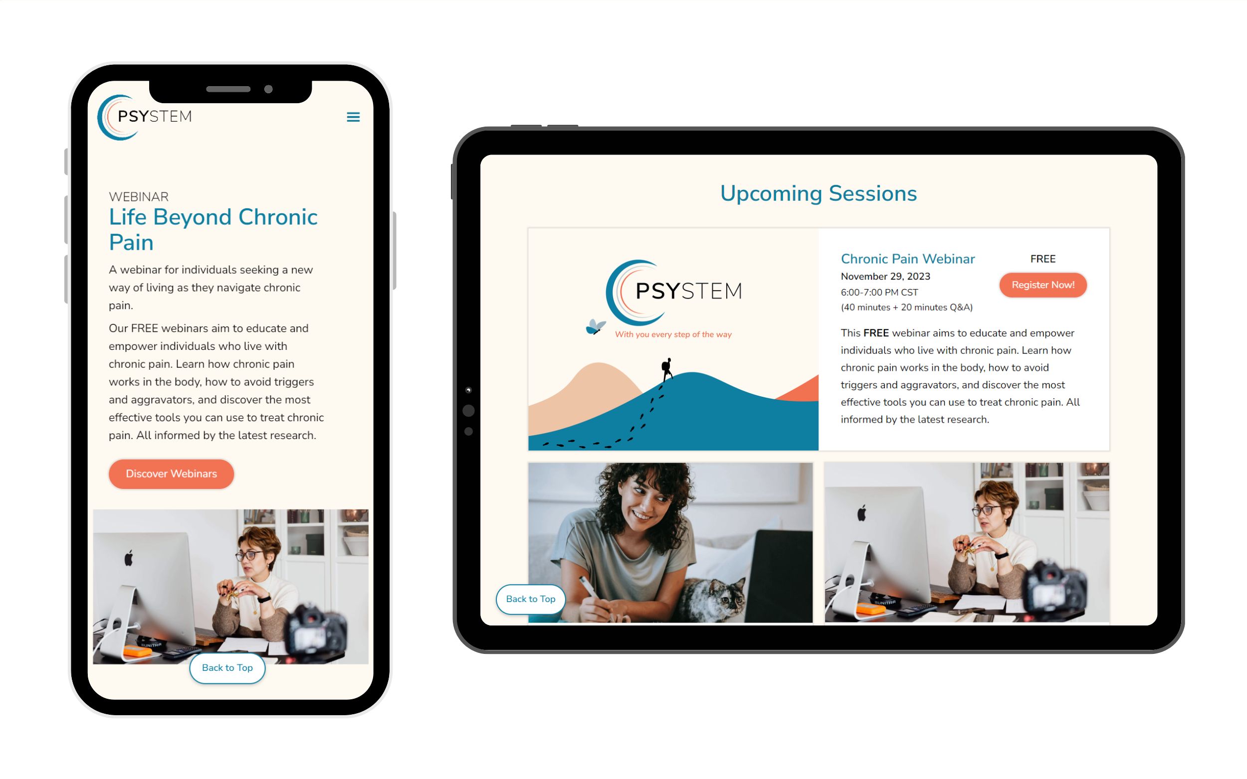 A mobile screen of Psystem's Webinar page is placed on the left of a tablet screen of the Upcoming Webinar Sessions with the most recent event spanning across the screen