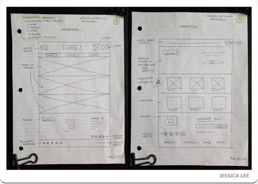 Pen and Paper Wireframe for Variations A and B for Homepage