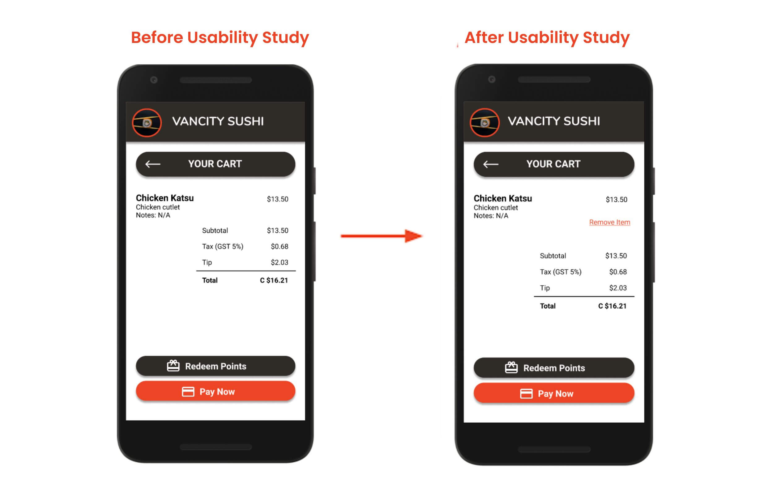 Before and After screenshots of Vancity Sushi's Cart screen with and without the Remove Items button.