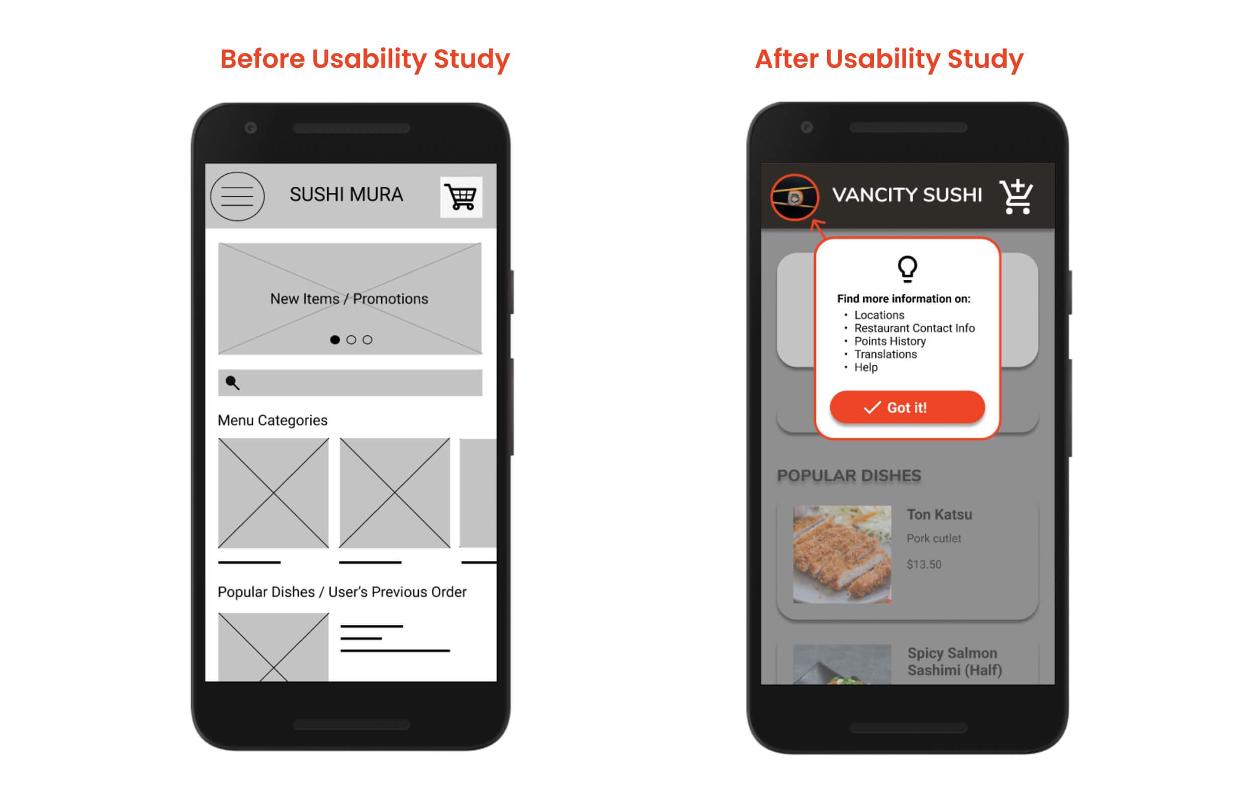 Before and After screenshots of Vancity Sushi's home screen with and without visual cues to guide users