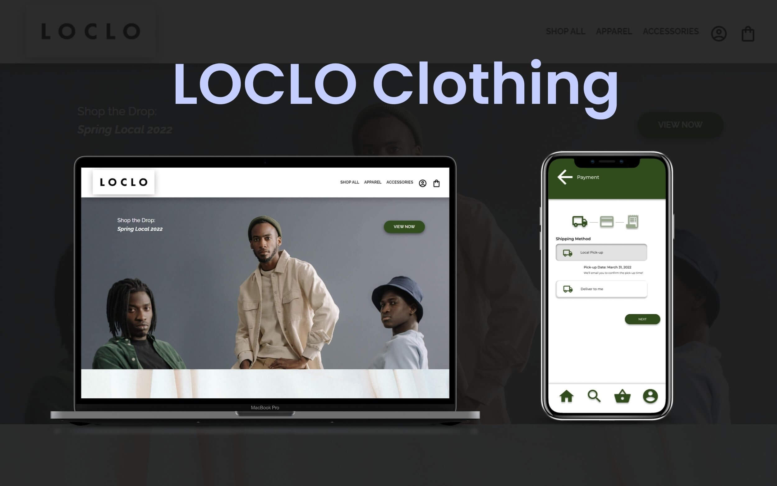 Cover Photo of LOCLO Clothing text with two screenshots below of LOCLO's home page in desktop and mobile screen sizes.