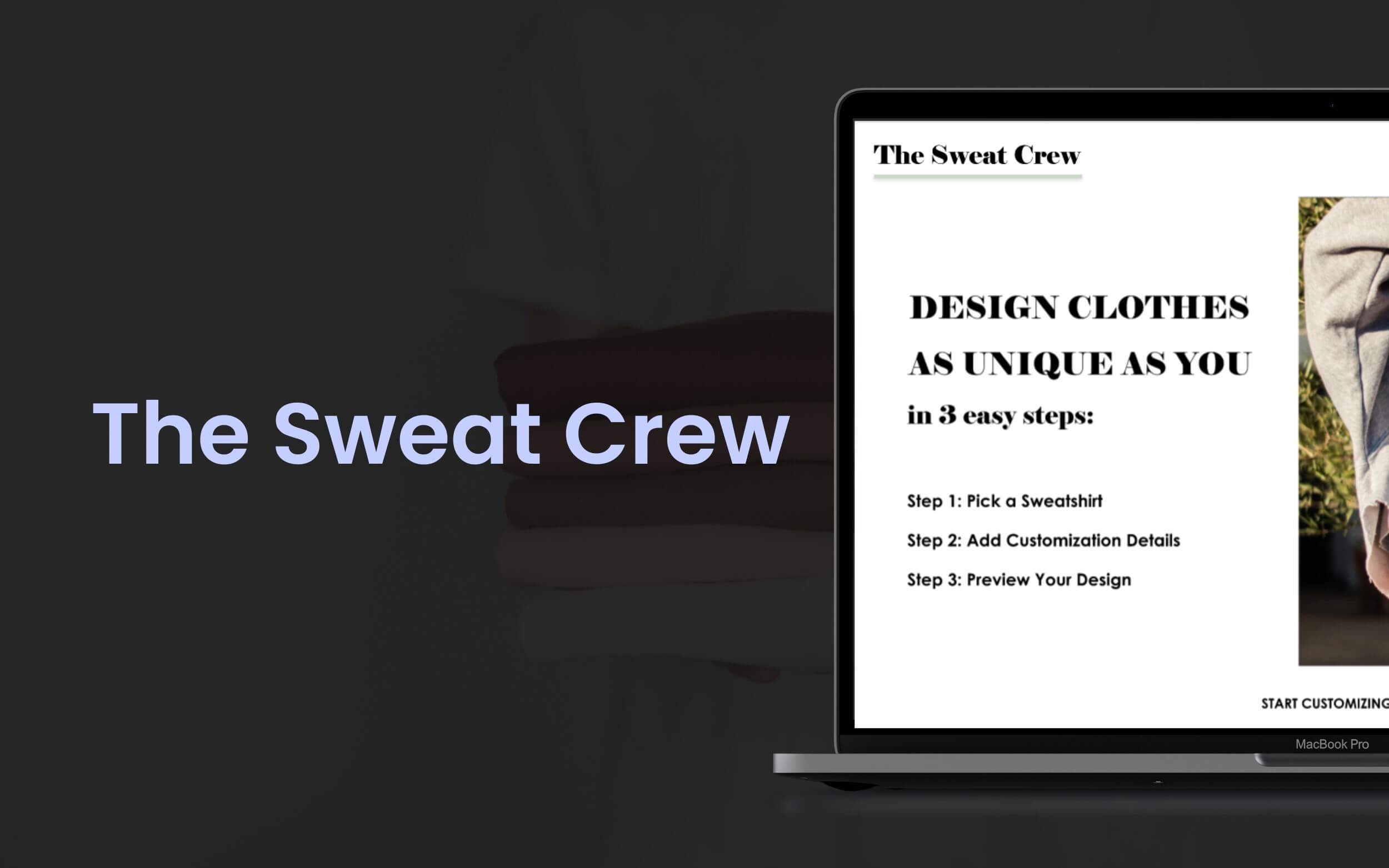 Cover Photo of The Sweat Crew text next to desktop screenshot of The Sweat Crew's home page on top of a dim background.